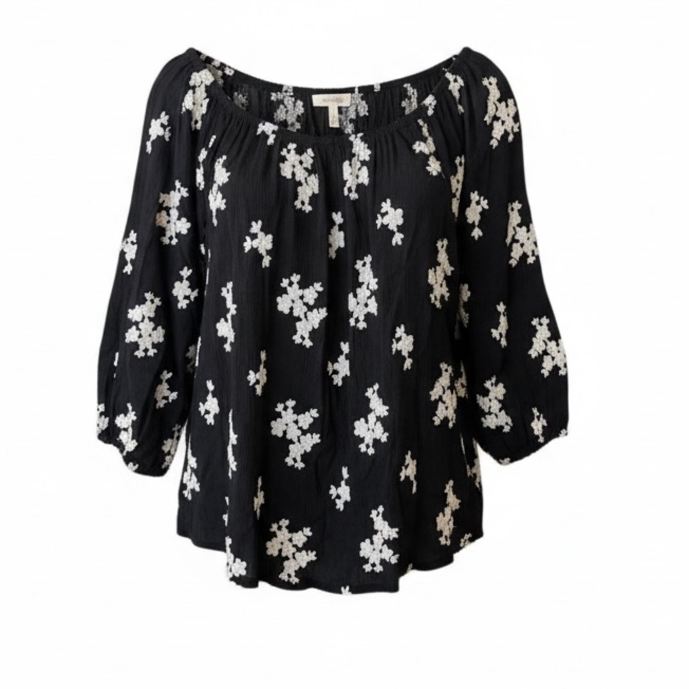 Soft Surroundings Black Crinkle Cotton Embroidered White Flowers Peasant Blouse